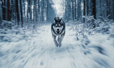 A dog is running through the snow in a forest. The dog is white and black and he is happy AI