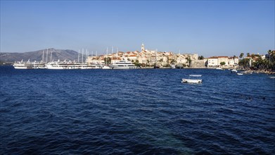 Ships anchored off Korcula, Korcula Island, Dalmatia, Croatia, Europe