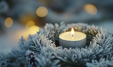 A candle is lit in a wreath of pine needles. The candle is surrounded by snow and pine needles,