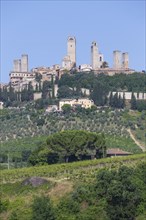 San Gimignano village, Italy, green countryside, blue sky, hill panorama with town and towers,