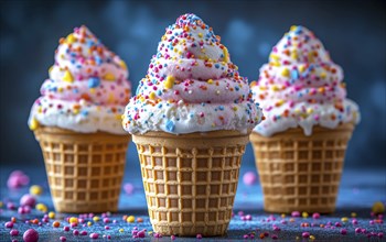 Three ice cream cones with pink and white ice cream and colorful sprinkles, AI generated