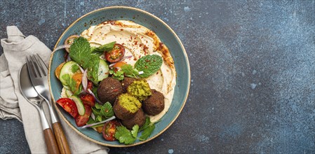 Middle Eastern Arab meal with fried falafel, hummus, vegetables salad with fresh green cilantro and