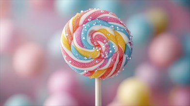 Single lollipop with swirls and sprinkles against a blurred background, AI generated