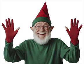 An elf raises his hands expressing joy during the festive Christmas season, AI generated