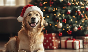 A dog wearing a Santa hat is laying on the floor in front of a Christmas tree. The dog appears to