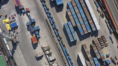 Aerial top view of cargo container terminal with railway, business transportation logistic in trade