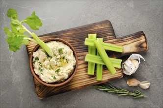 Flat lay view at vegetable Hummus dip dish topped with chickpeas and olive oil served with celery