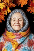 Elderly woman with closed eyes enjoying the autumnal calm in colourful knitted clothes, generated