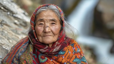 Elderly woman in traditional colorful shawl sitting by a waterfall, with a thoughtful expression,