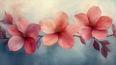 Three pink flowers with leaves against a pastel-toned background, AI generated