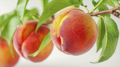 Close-up of a ripe peach on a branch with soft lighting and green leaves, evoking a natural summer