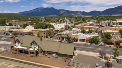 Cars trucks and motorcycles move along Route 66 in Flagstaff