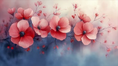 Pink flowers and buds with a blue watercolor background, AI generated