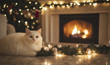 A white cat is laying on a table next to a Christmas tree. The cat is looking at the camera, and