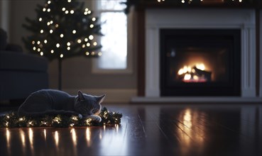 A cat is laying on a Christmas tree. The cat is curled up and he is sleeping. The room is decorated