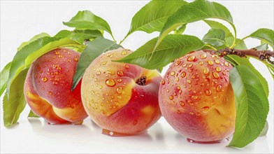 Three peaches with water droplets and green leaves, showcasing freshness, AI generated