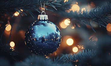 A blue ornament hanging from a tree with lights around it. The blue ornament is reflecting the