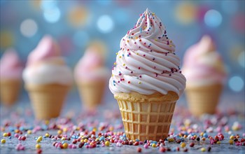 Pink ice cream cone with sprinkles in a bokeh setting with other cones in the background, AI