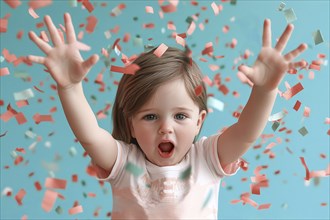 An energetic child celebrating amid a dynamic confetti shower, AI generated