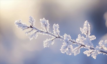 A branch covered in frosty snow. The branch is covered in ice and snow, giving it a cold and wintry