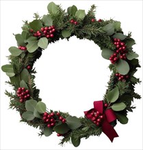 A beautifully crafted Christmas wreath with lush foliage, clusters of red berries, and a red bow