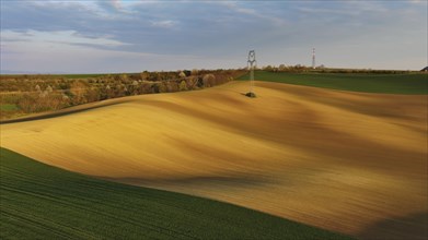 Aerial view of amazing green wavy hills with agricultural fields in evening spring. South Moravia