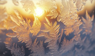 A frosty window with a sun shining through it. The sun's rays are reflected in the frost, creating