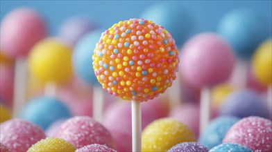 Orange lollipop with polka dots among others on a blue background, AI generated