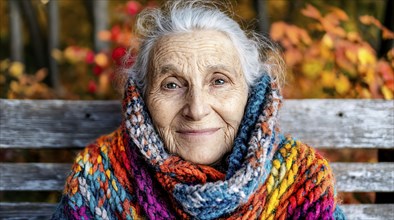 Elderly woman with colourful knitted scarf sits on a wooden bench in front of an autumnal backdrop,