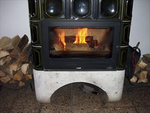 Fireplace with burning wood