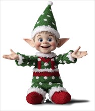 A cheerful elf doll dressed in a green and red outfit with white accents, festive hat and open