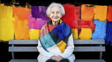 Elderly woman sits in front of colourful wall art in cosy knitwear, generated with AI, AI generated