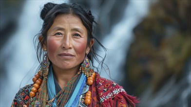 Woman dressed in traditional colorful clothes with jewelry and a blue scarf, standing near a