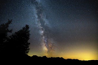 Starry Milky Way above a mountain panorama at dusk, Gantrisch Star Park, Bernese Oberland, Canton