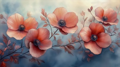 A serene watercolor painting of red poppies with a blue-toned background and delicate details, AI