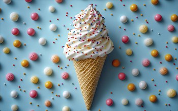 White ice cream with sprinkles on a waffle cone over a blue background with candies, AI generated