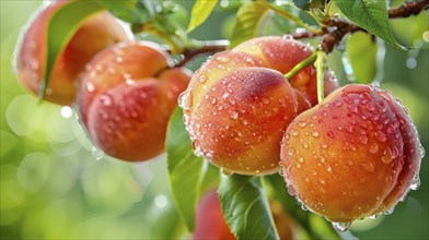 Close-up of fresh peaches with dewdrops on branches surrounded by lush green leaves in bright