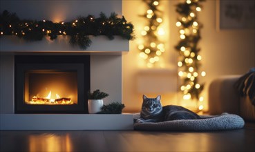 A cat is laying on a blanket in front of a fireplace. The fireplace is lit, creating a warm and