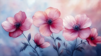 Soft pink flowers in a watercolor style against a gradient background, AI generated