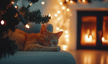 A cat is sleeping on a couch in front of a fireplace. The room is lit by Christmas lights AI