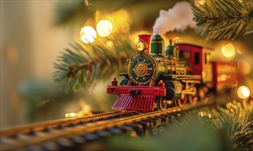 A train is on a track with a Christmas tree in the background. The train is decorated with lights