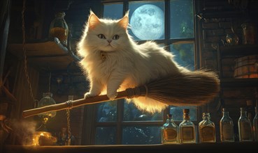 Fluffy white cat perched on a floating broomstick, broom bristles glowing faintly AI generated