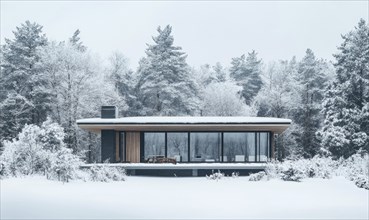 Modern house with large glass windows surrounded by a snow-covered forest AI generated