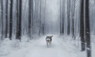 A husky dog is walking through a snowy forest. The dog is looking ahead, and the snow is falling