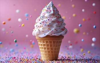 White ice cream cone with sprinkles against a pink background, AI generated