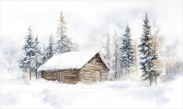 A cabin in the woods with snow on the ground. The cabin is surrounded by trees and the sky is