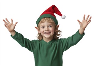 An elf in a green sweater and Christmas hat raises his arms in celebration, capturing the joy of