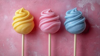 Three pastel-colored swirled lollipops on a pink textured background, AI generated