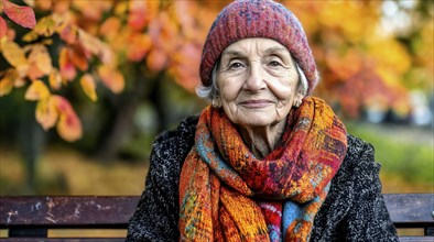 Elderly woman with colourful hat and scarf sits on a bench in front of an autumnal backdrop,