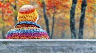 A senior citizen enjoys the view of autumnal nature in colourful knitwear, generated with AI, AI